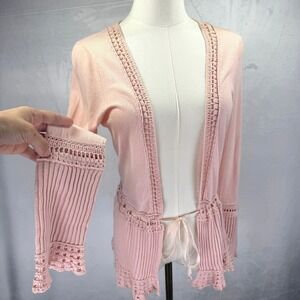 Blush Pink Cottagecore Crochet Trim Knit Cardigan Soft Coquette Top Size Small